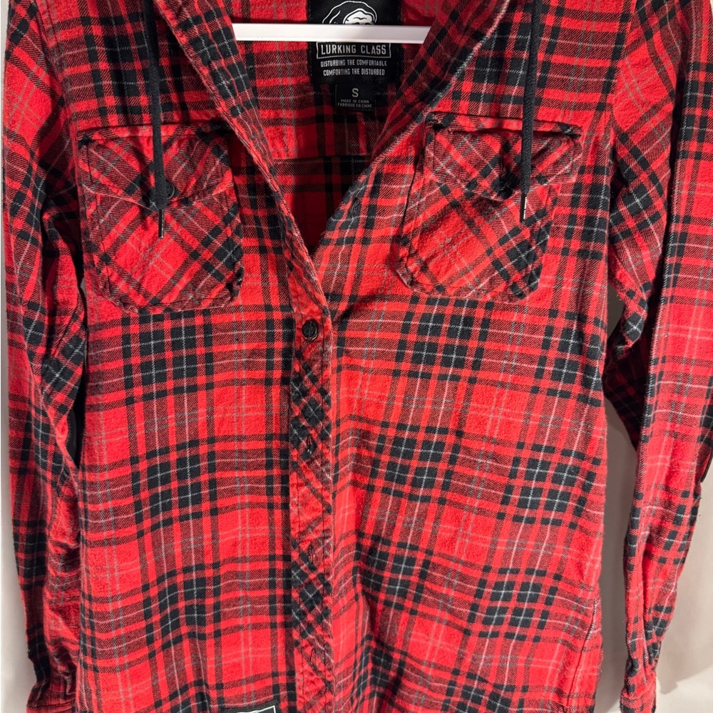 Lurking Class by Sketchy Tank Coffin Red Plaid Hooded Flannel Shirt